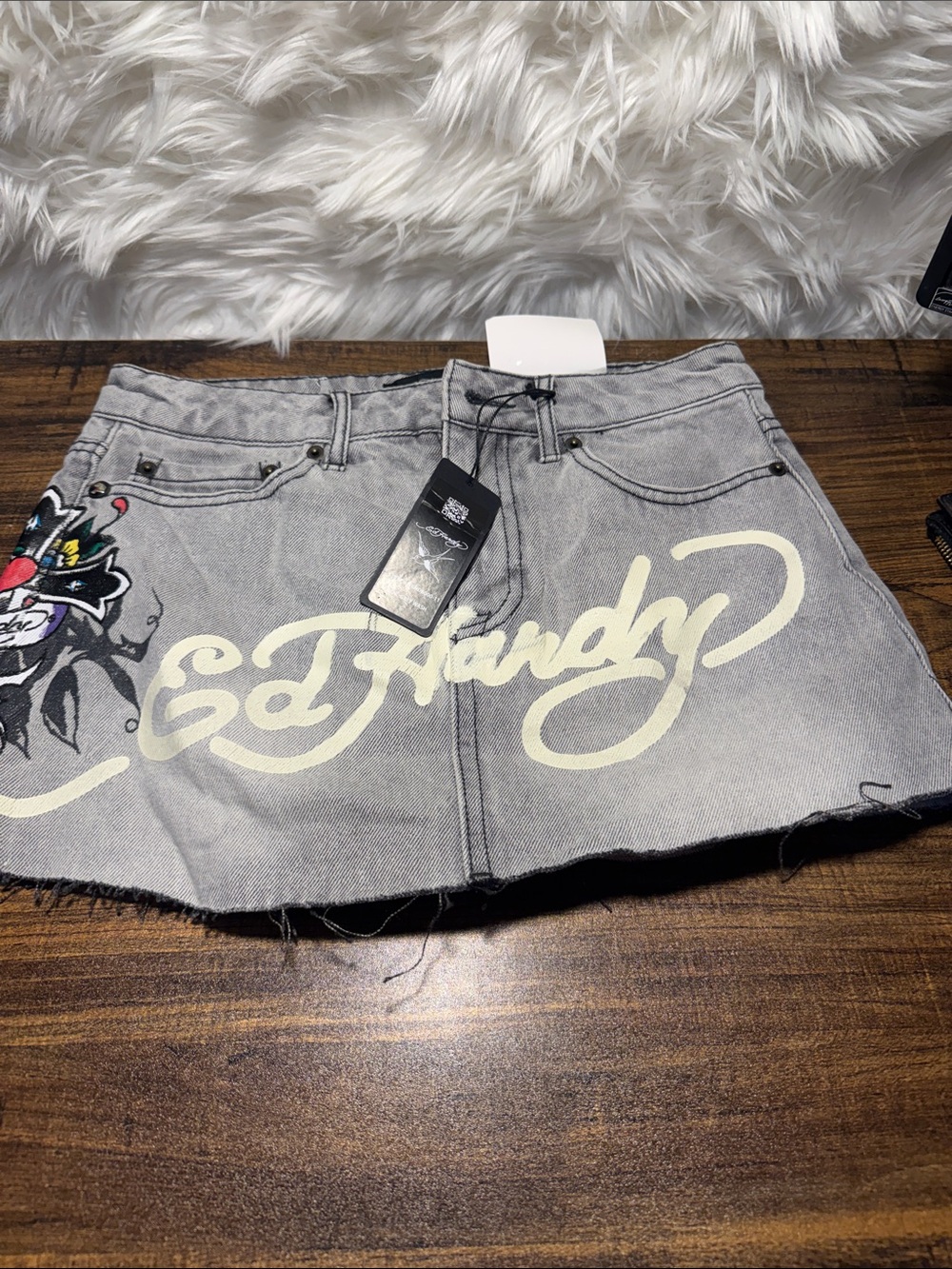 Ed Hardy Gray Mini Skirt with Cream Logo and Multicolor Tattoo Graphic